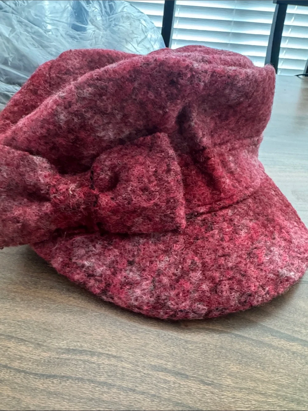Womens Red Textured Wool Blend Hat with Bow Accent
